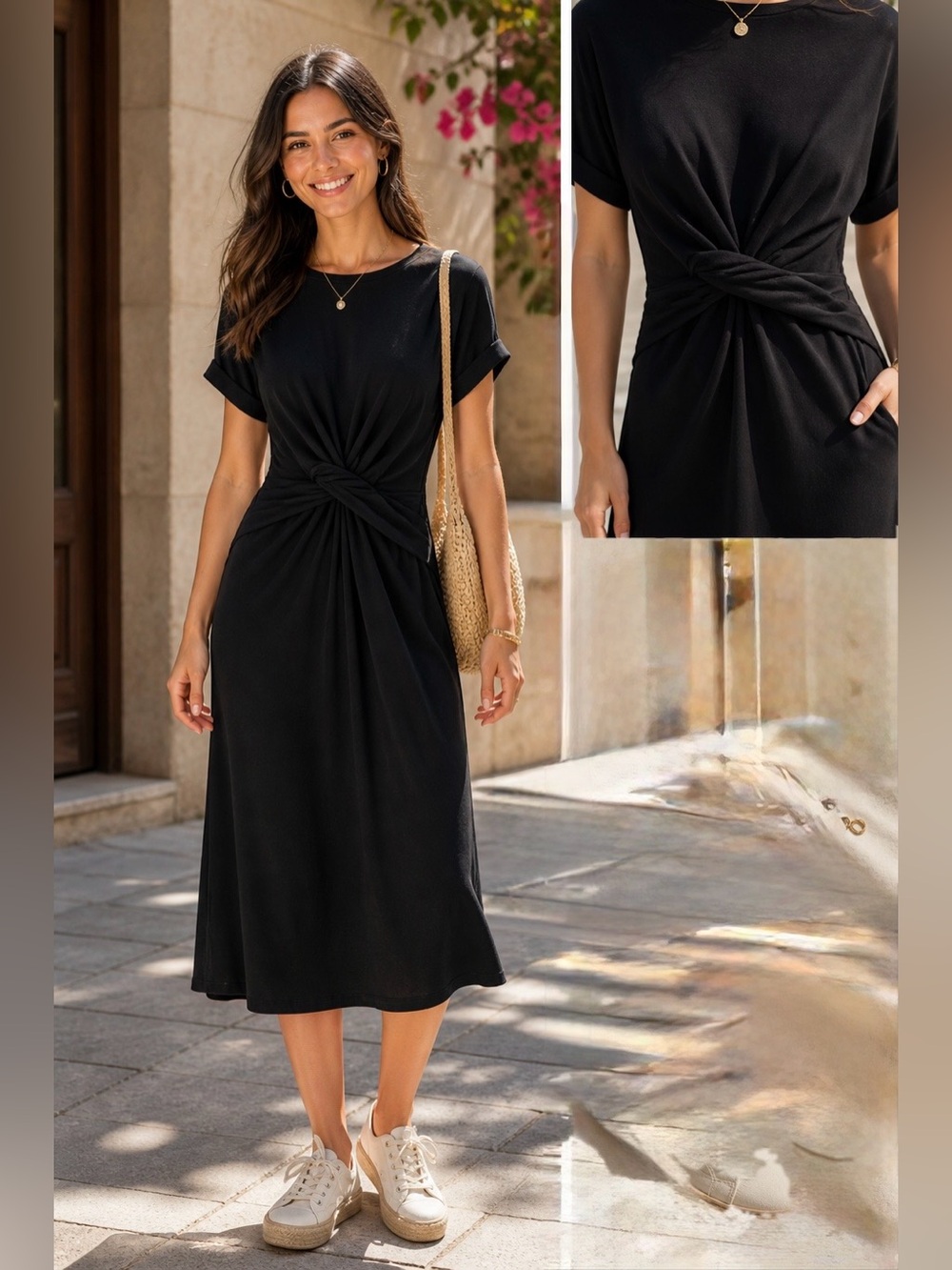 Modern Citizen Black Short-Sleeve Knot-Waist Midi Dress